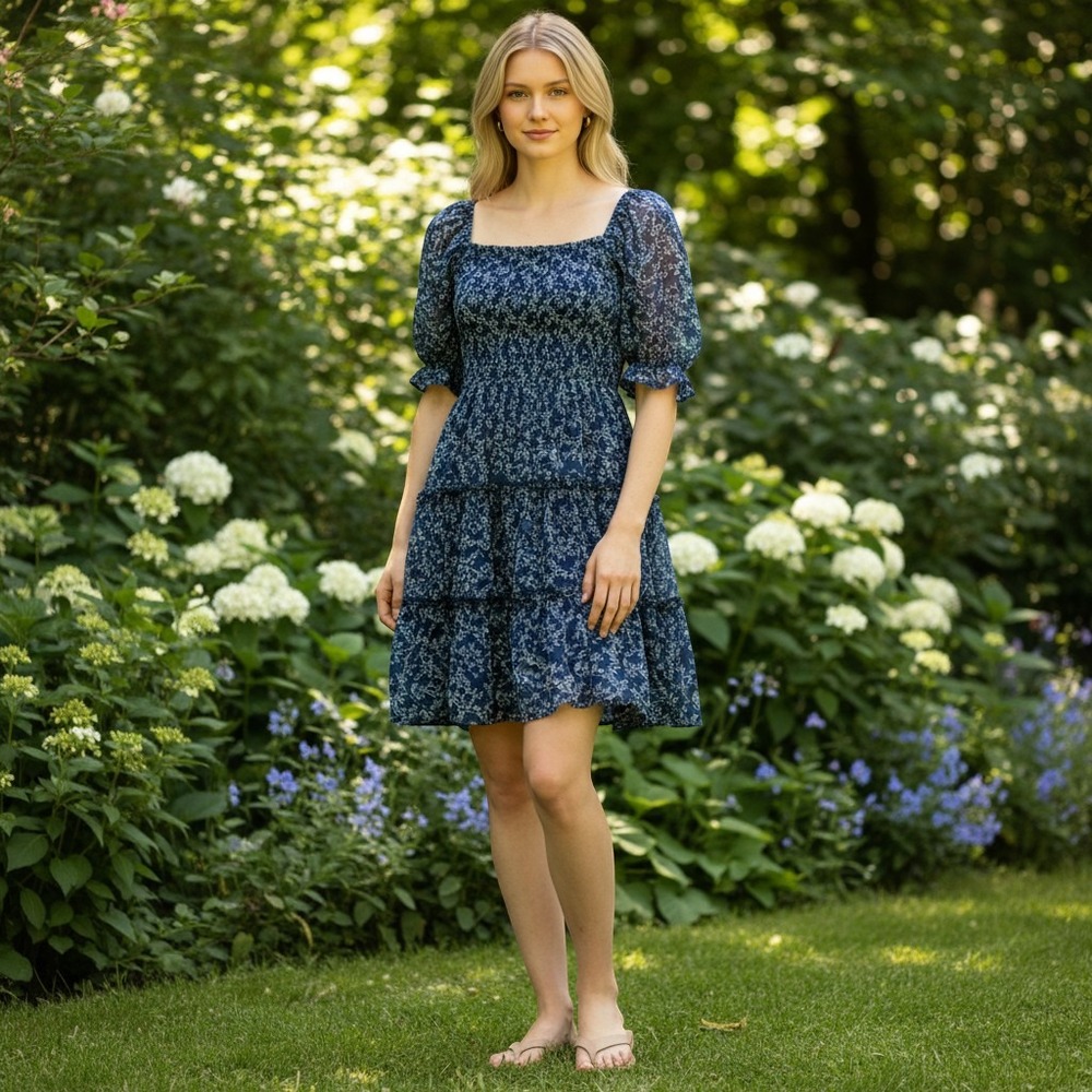 Trixxi Mini Dress Women Size M Navy Blue Excellent Smocked Floral Puff Sleeve